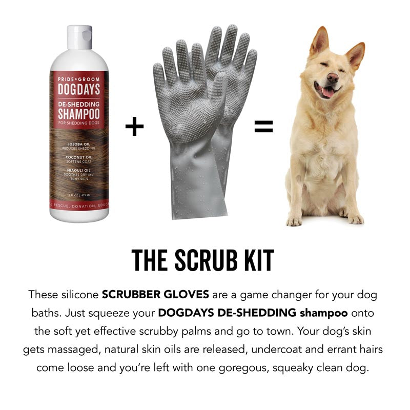 THE SCRUB KIT – Deshedding Shampoo & Dual Grooming Gloves Bundle for Dogs Who Shed