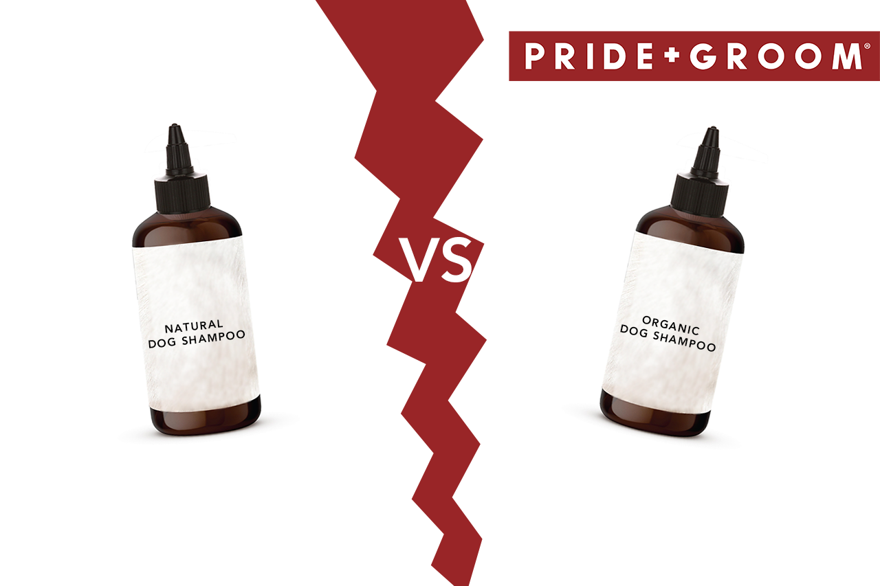 Graphic comparing a bottle labeled ‘Natural Dog Shampoo’ (left) with one labeled ‘Organic Dog Shampoo’ (right), a red jagged divider with ‘VS’, and the PRIDE+GROOM logo