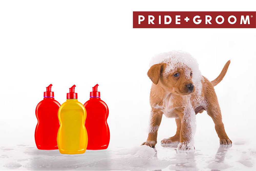 Puppy covered in soap suds during a bath next to three red and yellow dish soap bottles with PRIDE+GROOM logo in the corner