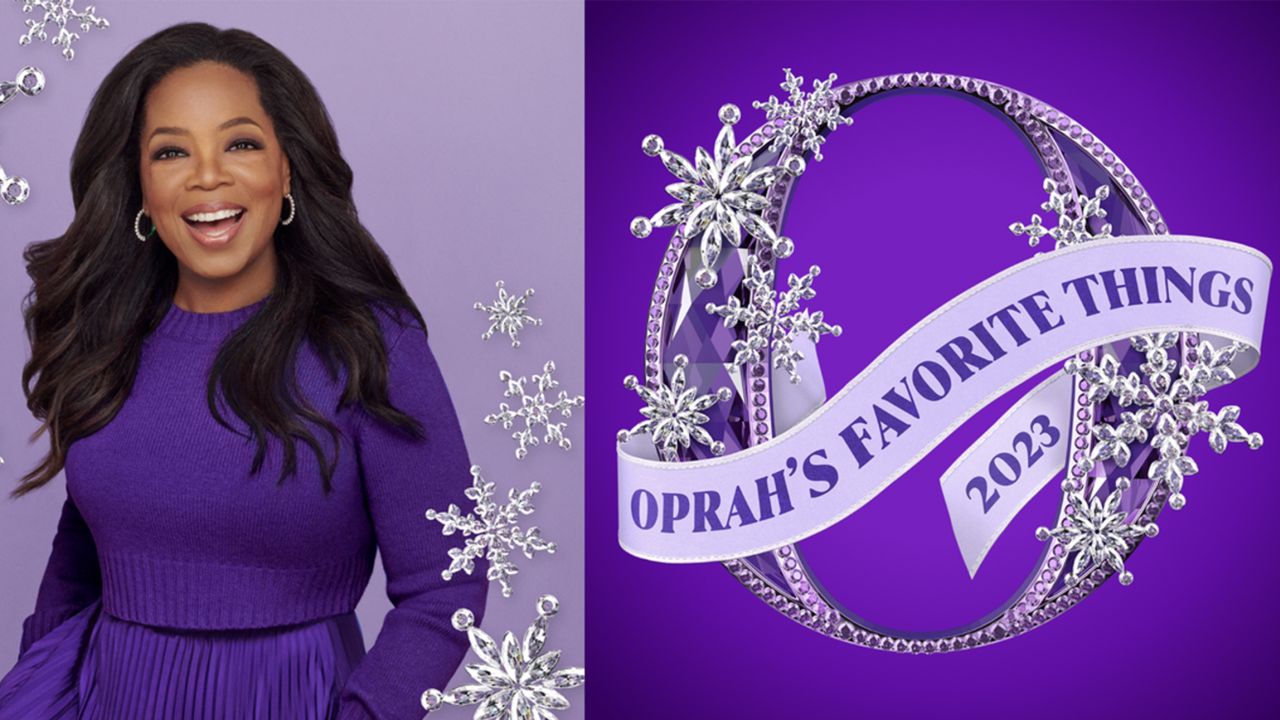 Banner showing headline “OPRAH’S FAVORITE THINGS 2023” beside a smiling woman in a purple sweater against a purple background