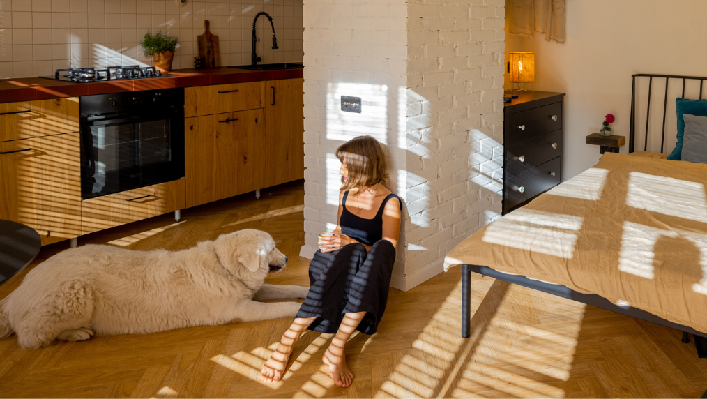Woman sitting on a sunlit apartment floor beside a large white dog near a bed and kitchenette