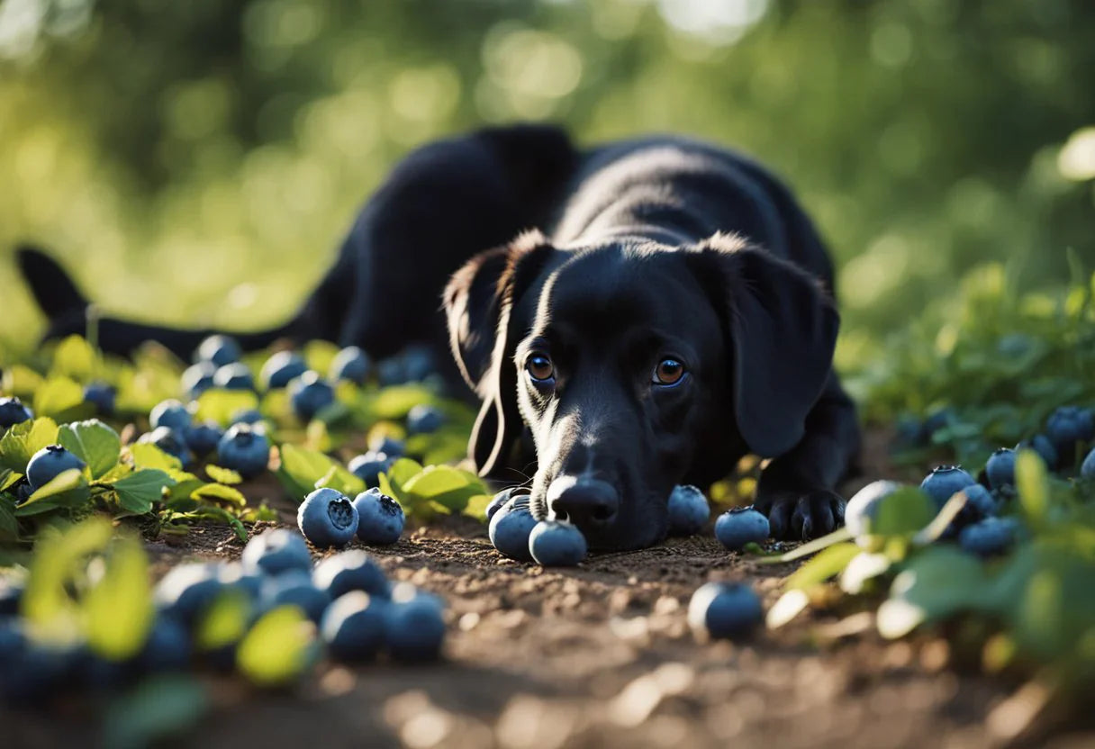 Black dog lying among scattered blueberries in a sunlit garden