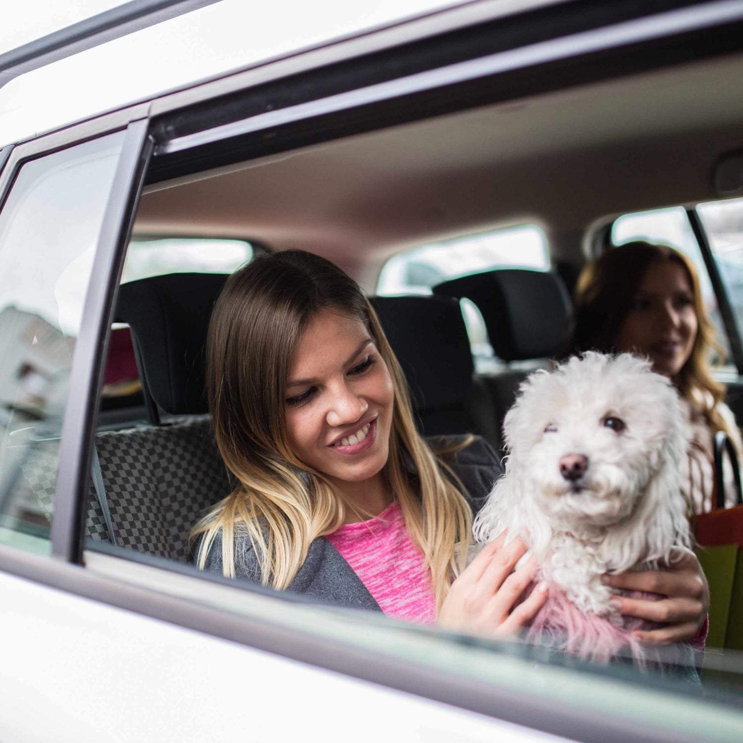 Woman smiling and holding a small white fluffy dog in a car back seat