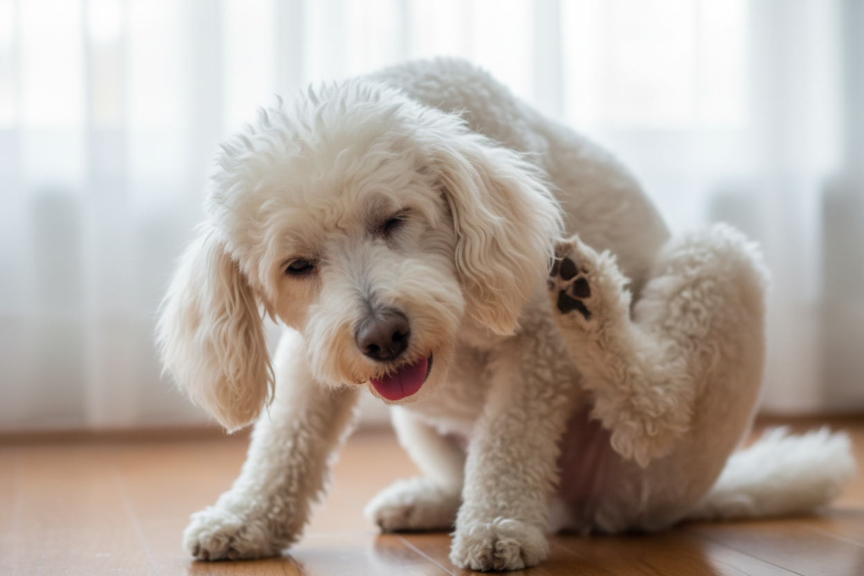 White poodle scratching itself with a hind paw on a hardwood floor in a sunlit room with sheer curtains