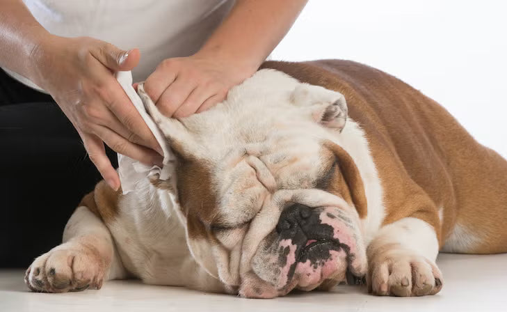 Bulldog lying on its side while a person gently cleans its ear with a wipe against a white background