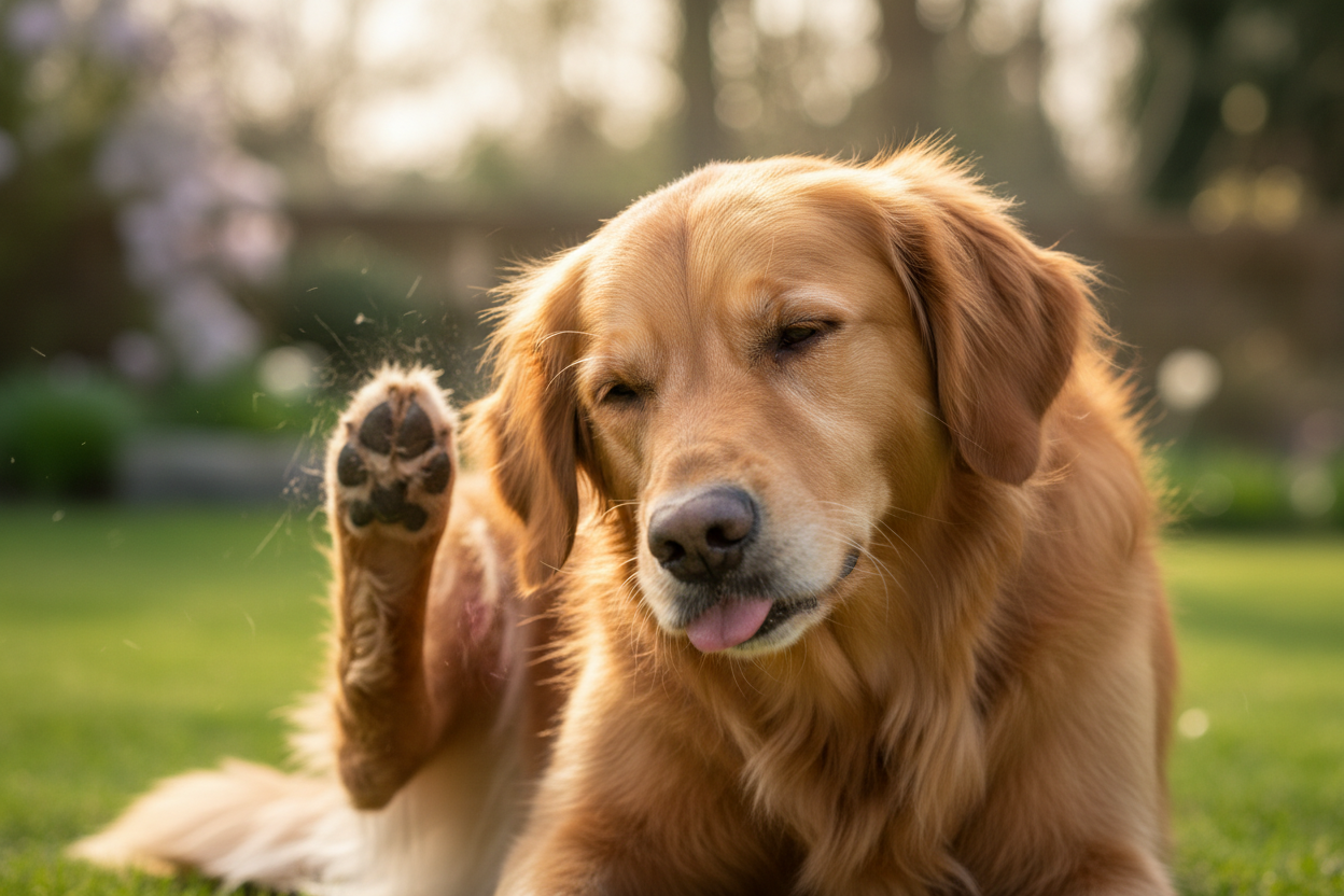 Golden retriever lifting a hind paw to scratch while lying on grass in a backyard at dusk