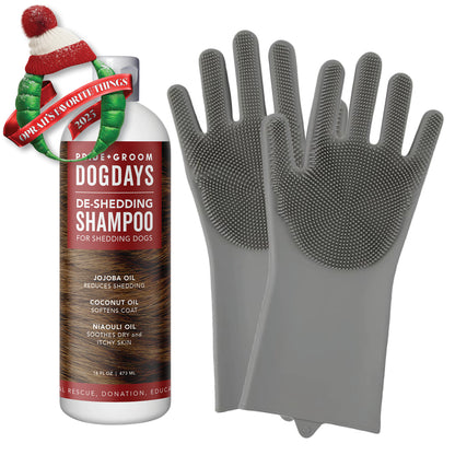 THE SCRUB KIT – Deshedding Shampoo &amp; Dual Grooming Gloves Bundle for Dogs Who Shed